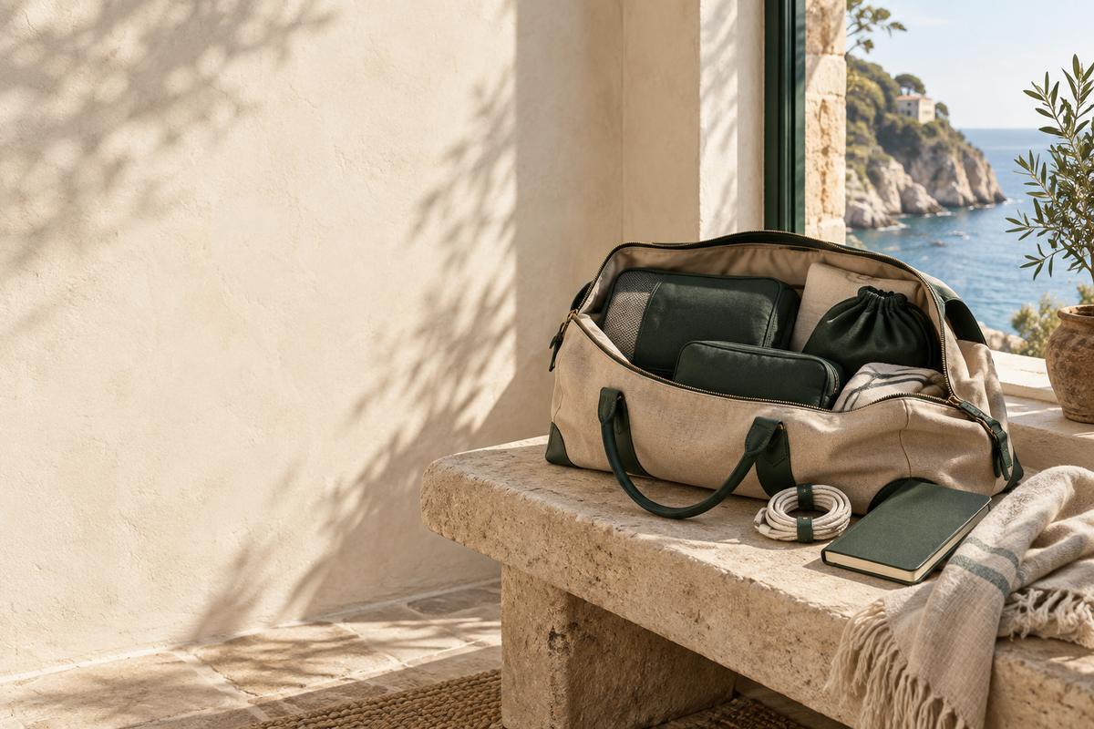 Ambiance voyage Horizon : sac et accessoires, illustration de la collection à venir.